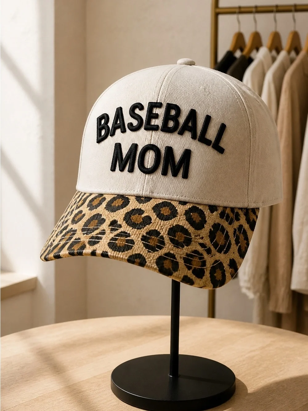 NWT Women’s Trucker Hat Cream & Animal Print Embroidered BASEBALL MOM
